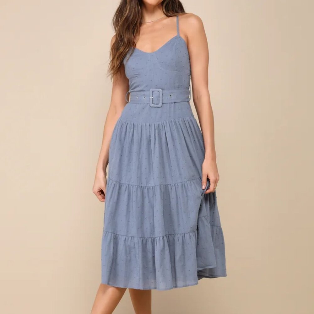 NEW Lulus Sweet Merriment Slate Blue Swiss Dot Bustier Tiered Midi Dress Size S
